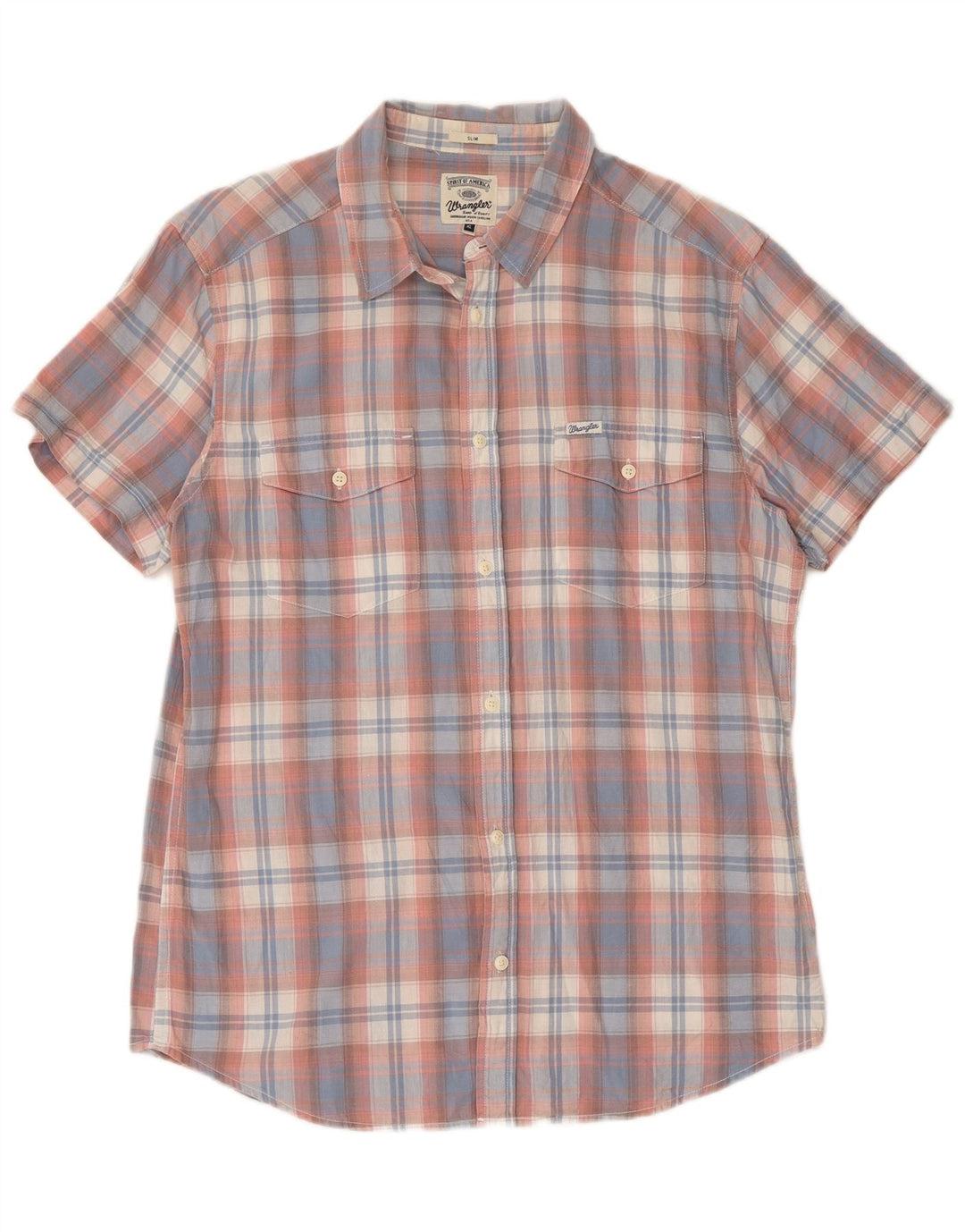Wrangler Mens Short Sleeve Slim Shirt XL Blue Check Cotton