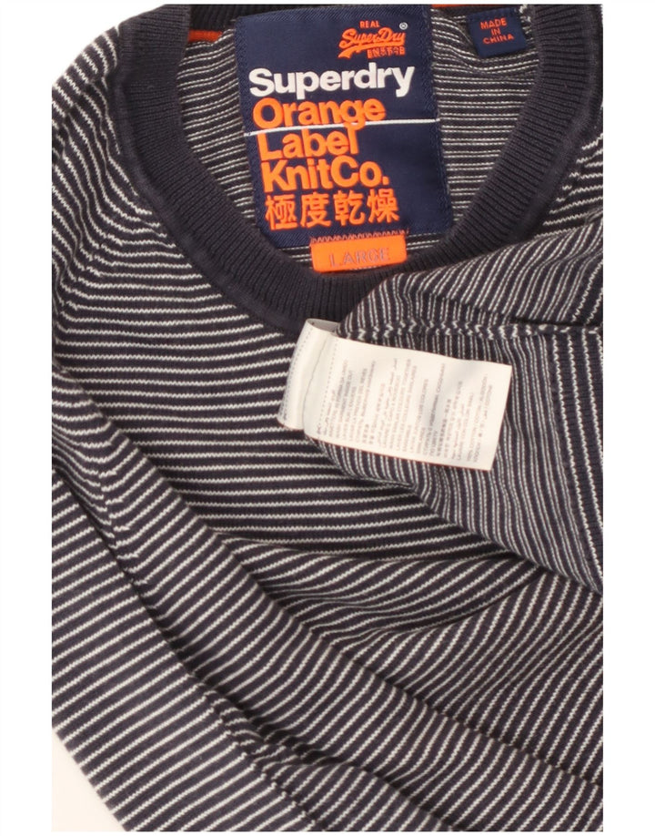 Superdry Mens Crew Neck Jumper Sweater Large Navy Blue Striped Cotton