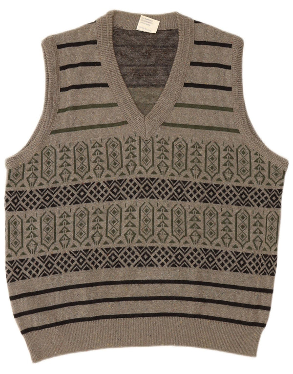 Vintage Mens Vest Tank Top Large Grey Geometric Cotton