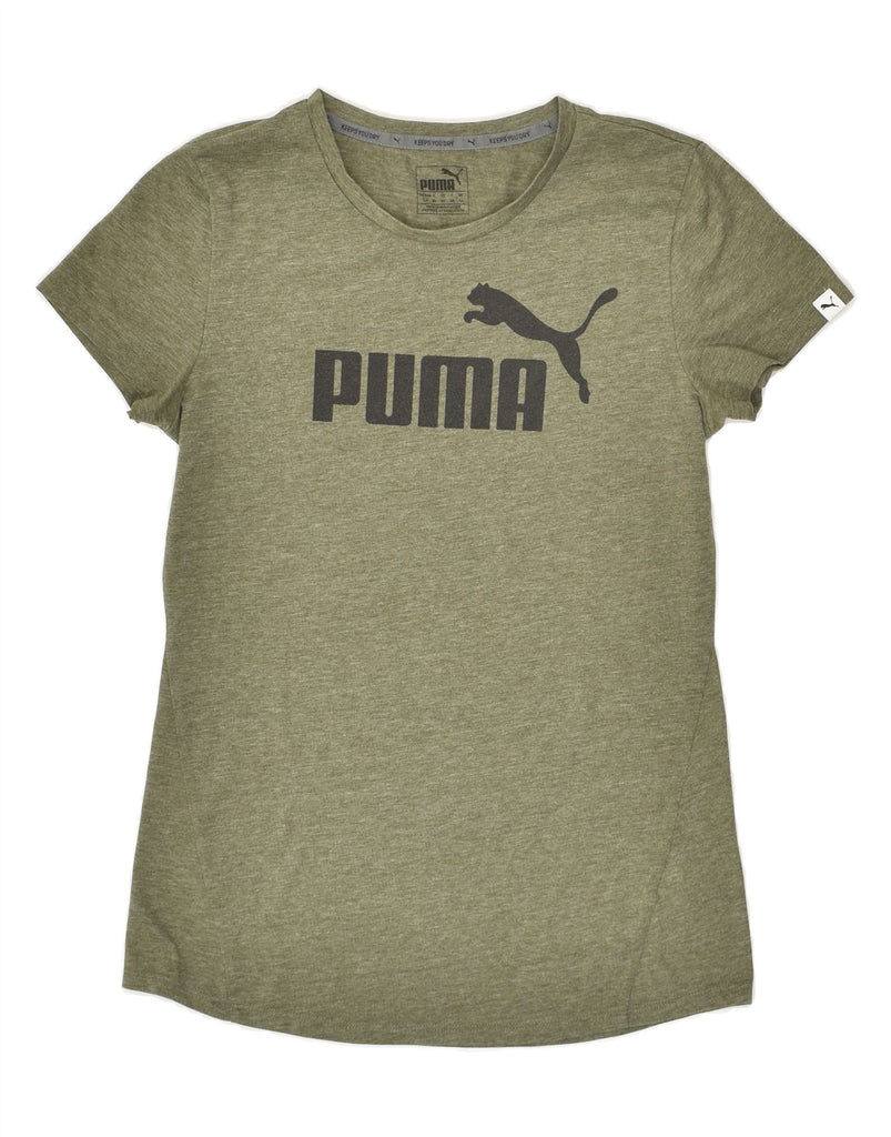 PUMA Womens Graphic T-Shirt Top UK 10 Small Khaki Flecked Cotton Vintage Puma and Second-Hand Puma from Messina Hembry 