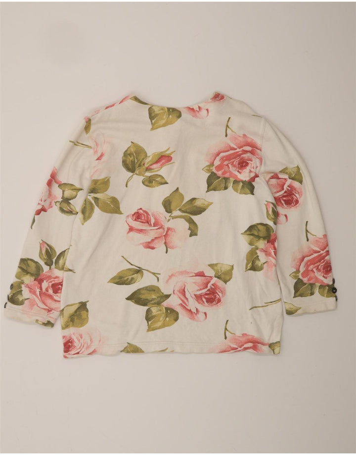 VINTAGE Womens Top Long Sleeve UK 16 Large Off White Floral Cotton