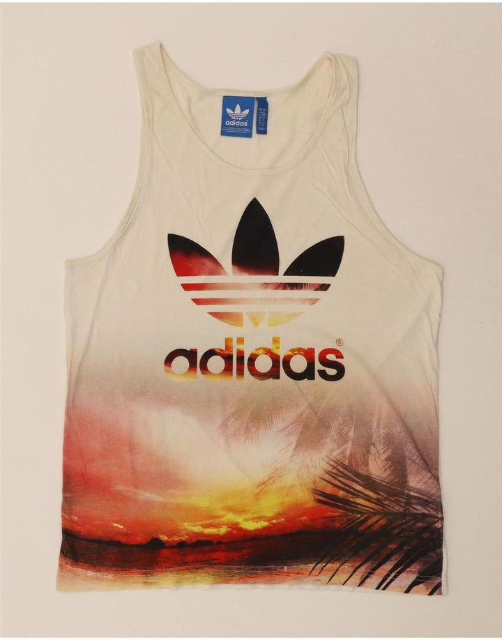 ADIDAS Womens Graphic Vest Top UK 14 Medium Off White Cotton