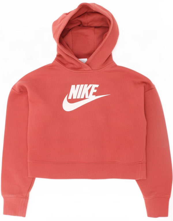 Nike Girls Crop Graphic Hoodie Jumper 12-13 Years Large Pink Cotton