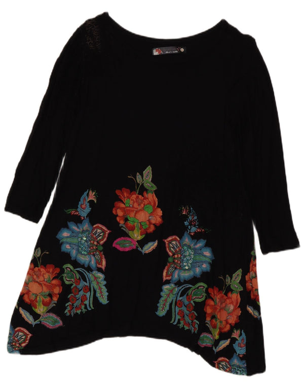 Desigual Womens Long Sleeve Tunic Top UK 12 Medium Black Floral Bohemian