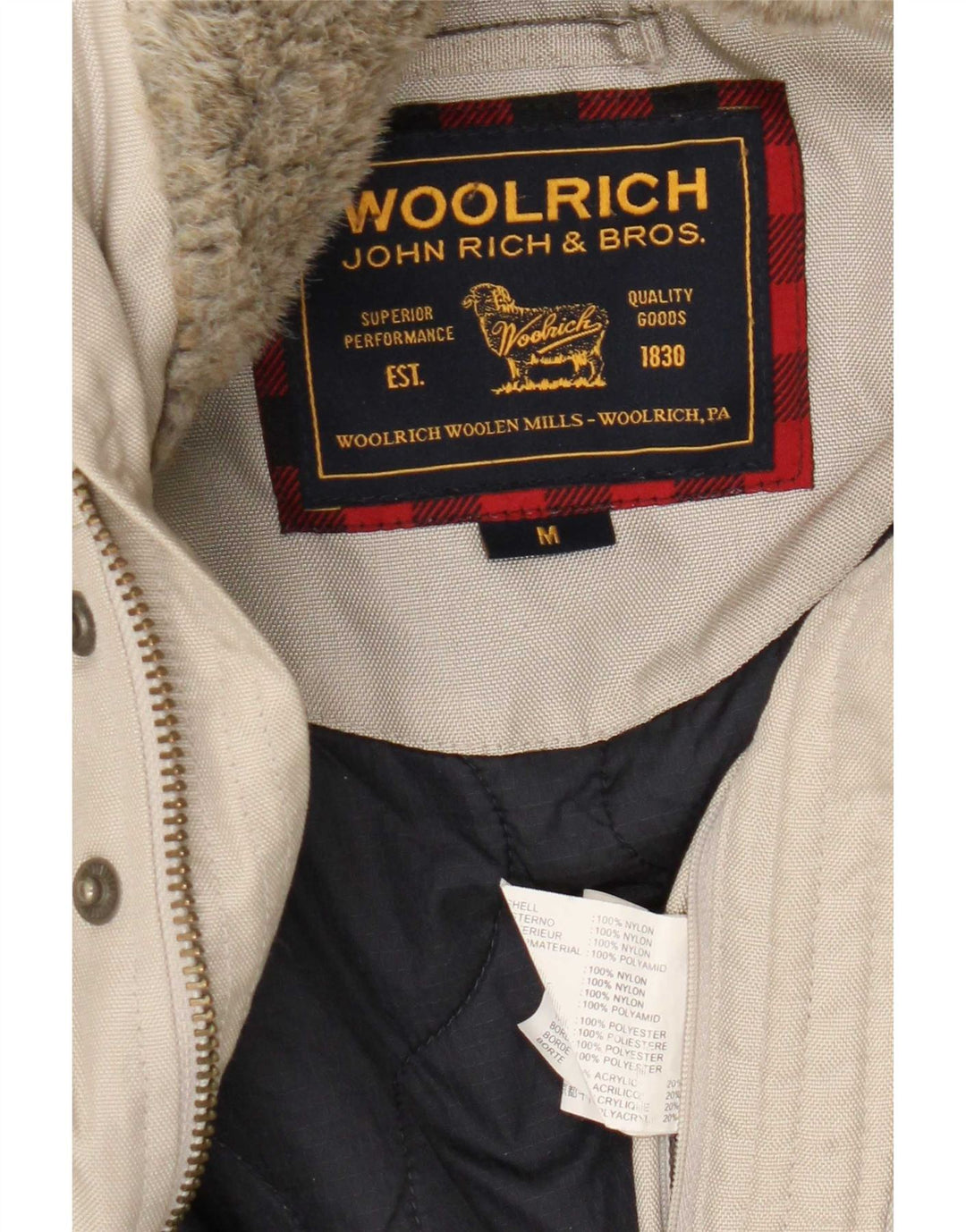 Woolrich Mens Hooded Bomber Jacket UK 38 Medium Beige Nylon