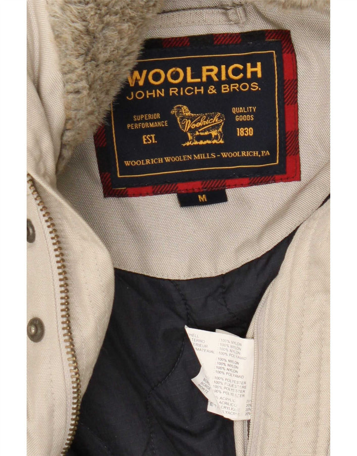 Woolrich Mens Hooded Bomber Jacket UK 38 Medium Beige Nylon
