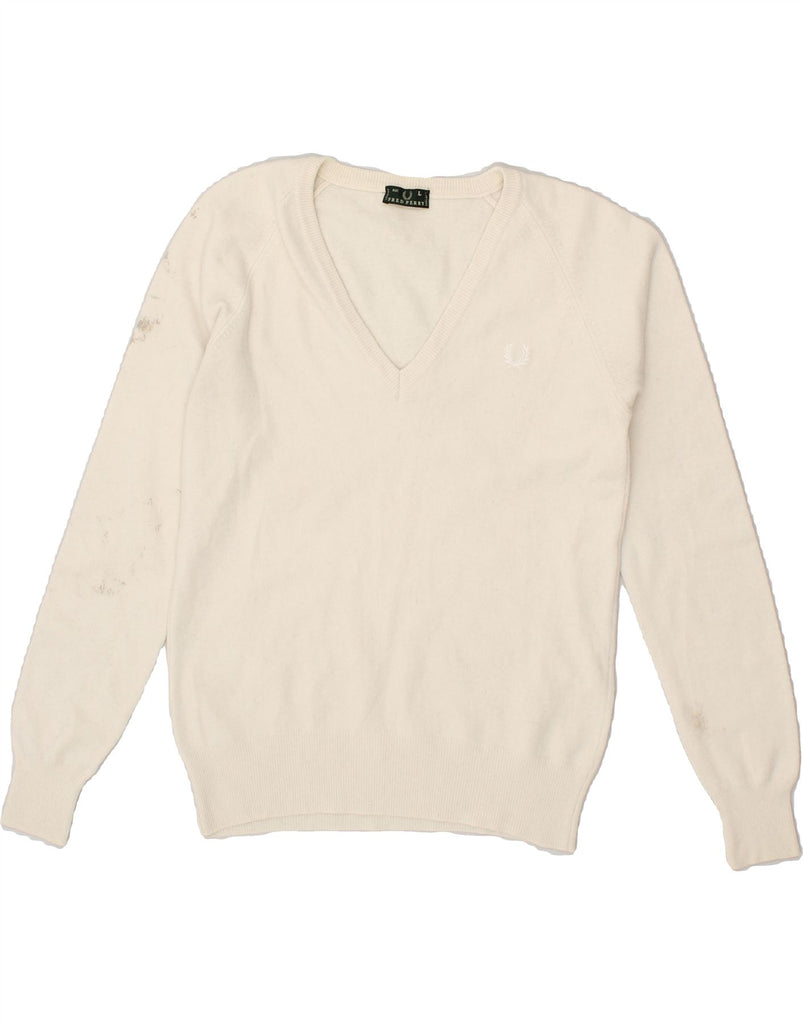 FRED PERRY Womens V-Neck Jumper Sweater UK 14 Large Off White | Vintage Fred Perry | Thrift | Second-Hand Fred Perry | Used Clothing | Messina Hembry 