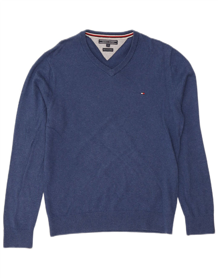 Tommy Hilfiger Mens V-Neck Jumper Sweater Medium Blue Cotton