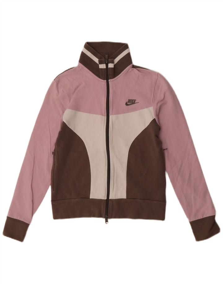 Nike Womens Tracksuit Top Jacket UK 14 Large Pink Colourblock Cotton