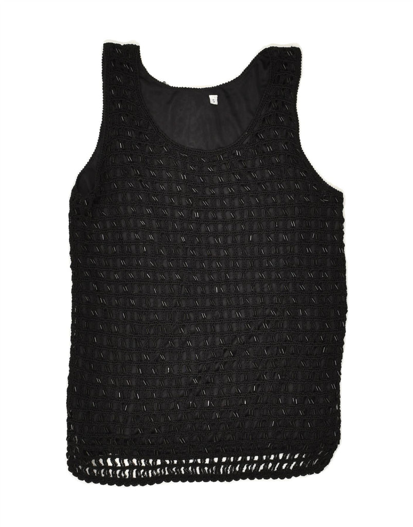 VINTAGE Womens Crochet Vest Top UK 10 Small Black Viscose | Vintage Vintage | Thrift | Second-Hand Vintage | Used Clothing | Messina Hembry 