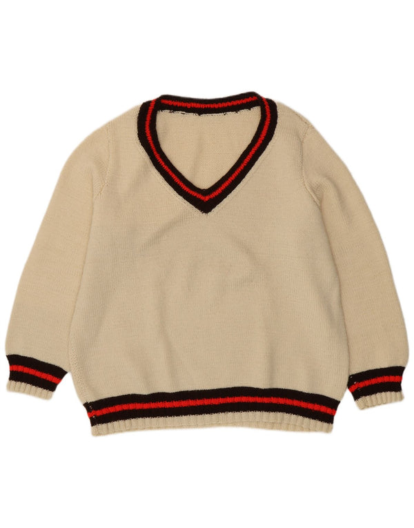 Vintage Mens V-Neck Jumper Sweater XL Beige Colourblock