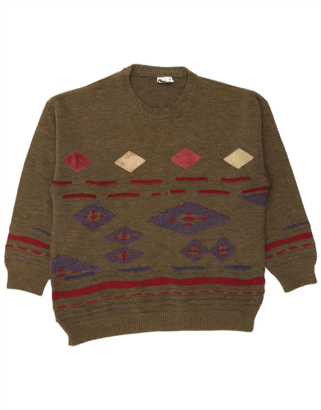 Vintage Mens Crew Neck Jumper Sweater Medium Khaki Argyle/Diamond