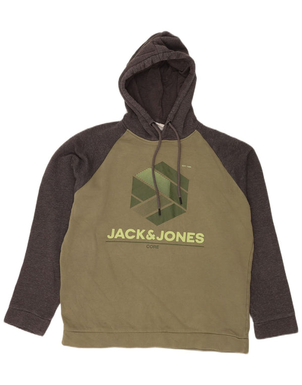 Jack & Jones Mens Graphic Hoodie Jumper Large Khaki Colourblock Cotton