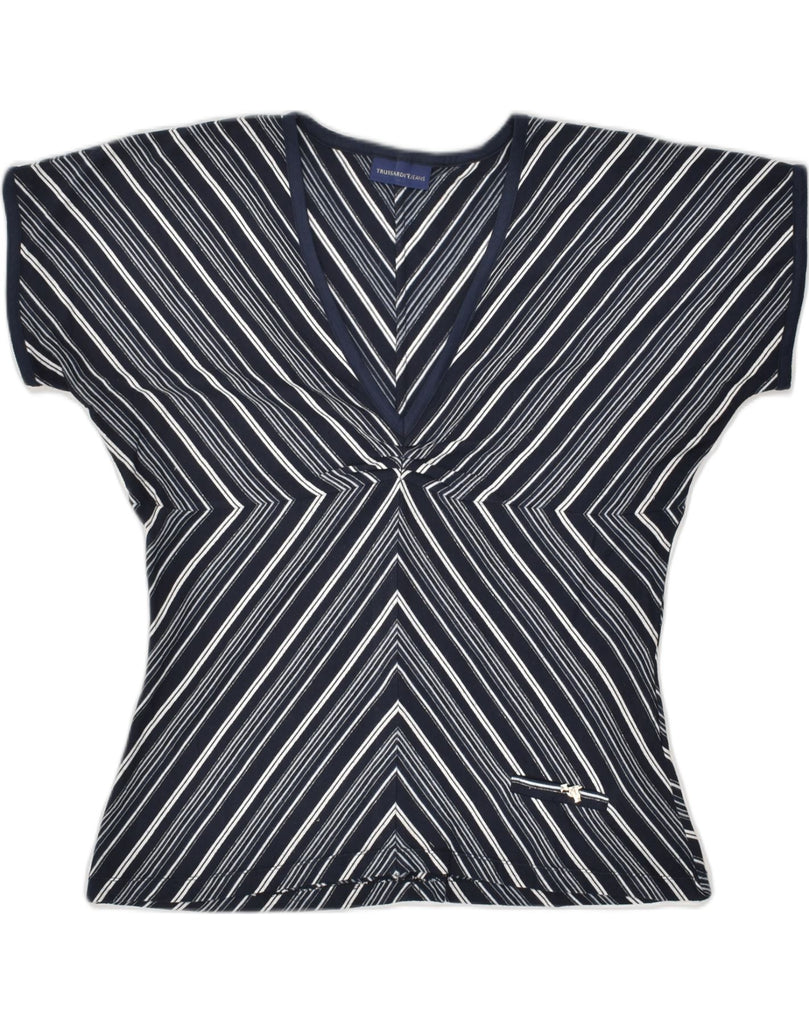 TRUSSARDI Womens Slim Blouse Top UK 18 XL Navy Blue Striped Polyester | Vintage Trussardi | Thrift | Second-Hand Trussardi | Used Clothing | Messina Hembry 