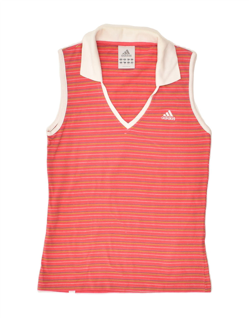 ADIDAS Womens Sleeveless Polo Shirt UK 10 Small Red Striped Cotton | Vintage Adidas | Thrift | Second-Hand Adidas | Used Clothing | Messina Hembry 