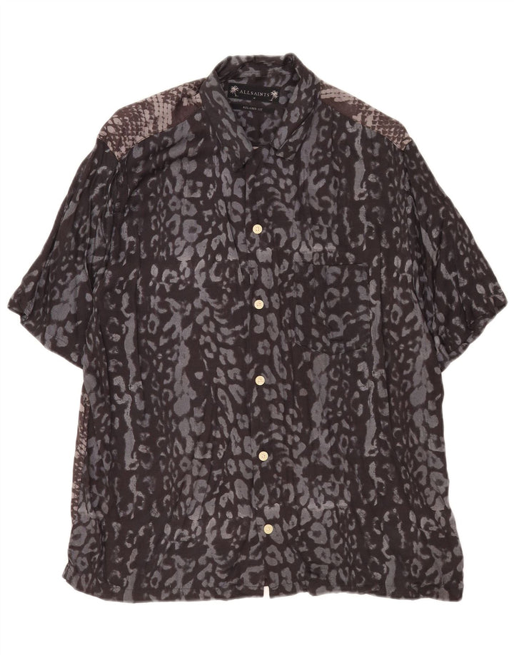 All Saints Mens Short Sleeve Shirt Medium Navy Blue Animal Print