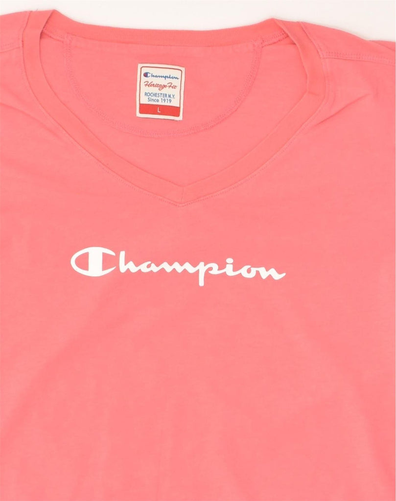 CHAMPION Womens Heritage Fit Graphic T-Shirt Top UK 16 Large Pink | Vintage Champion | Thrift | Second-Hand Champion | Used Clothing | Messina Hembry 