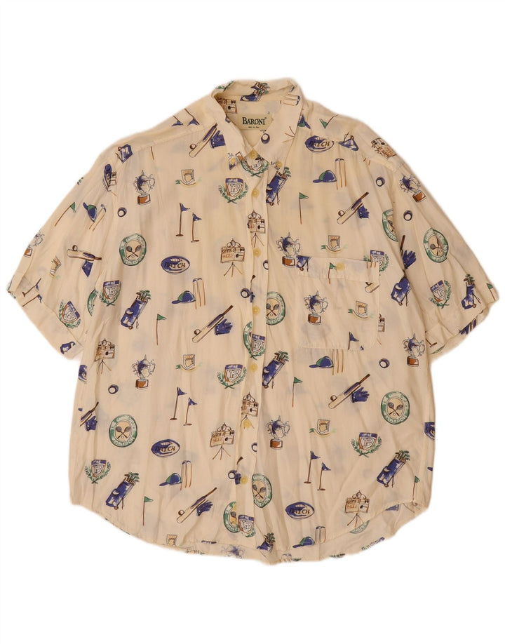 BARONI Mens Graphic Short Sleeve Shirt Large Off White Viscose