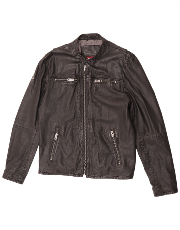 Superdry Womens Leather Racer Jacket UK 18 XL Black Leather