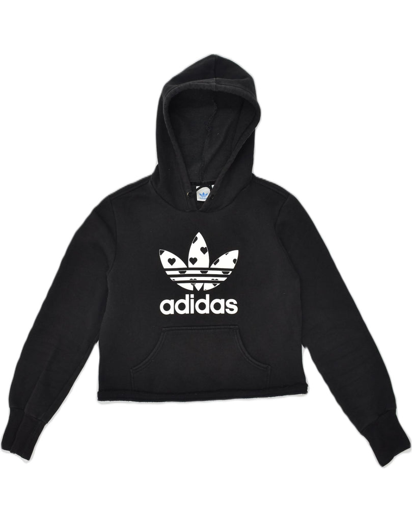 ADIDAS Womens Graphic Hoodie Jumper IT 40 Small Black Cotton | Vintage Adidas | Thrift | Second-Hand Adidas | Used Clothing | Messina Hembry 