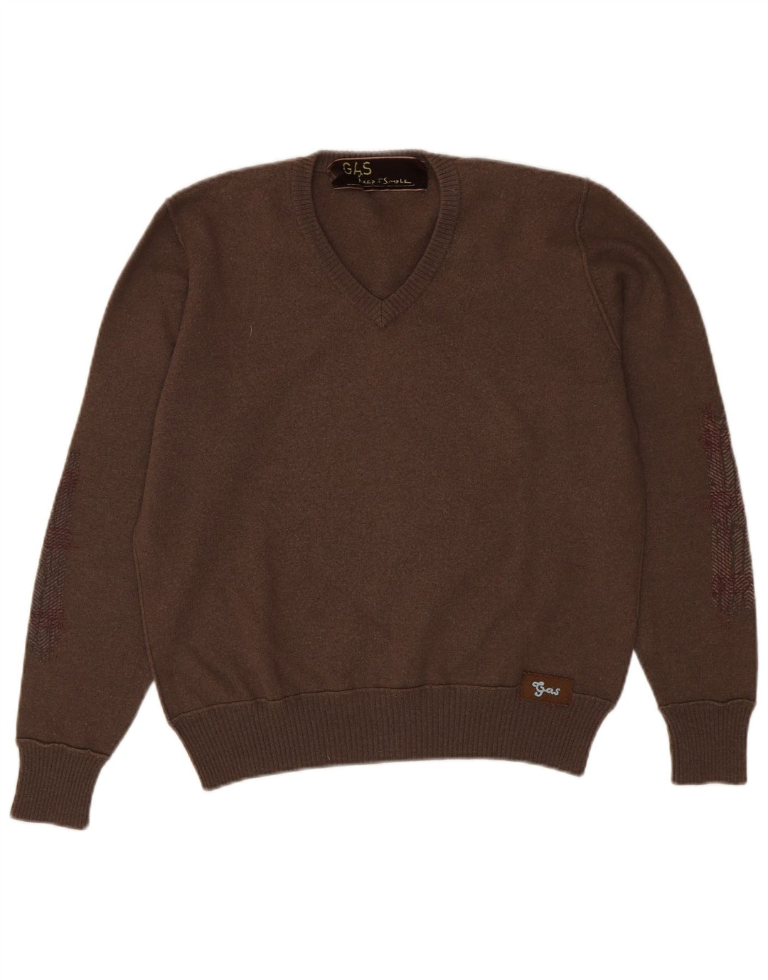 GAS Womens V-Neck Jumper Sweater UK 14 Medium Brown Wool