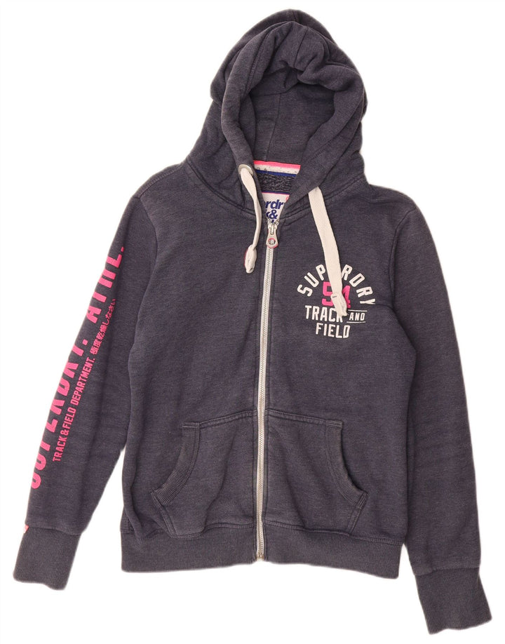 Superdry Womens Graphic Zip Hoodie Sweater UK 14 Medium Navy Blue Cotton