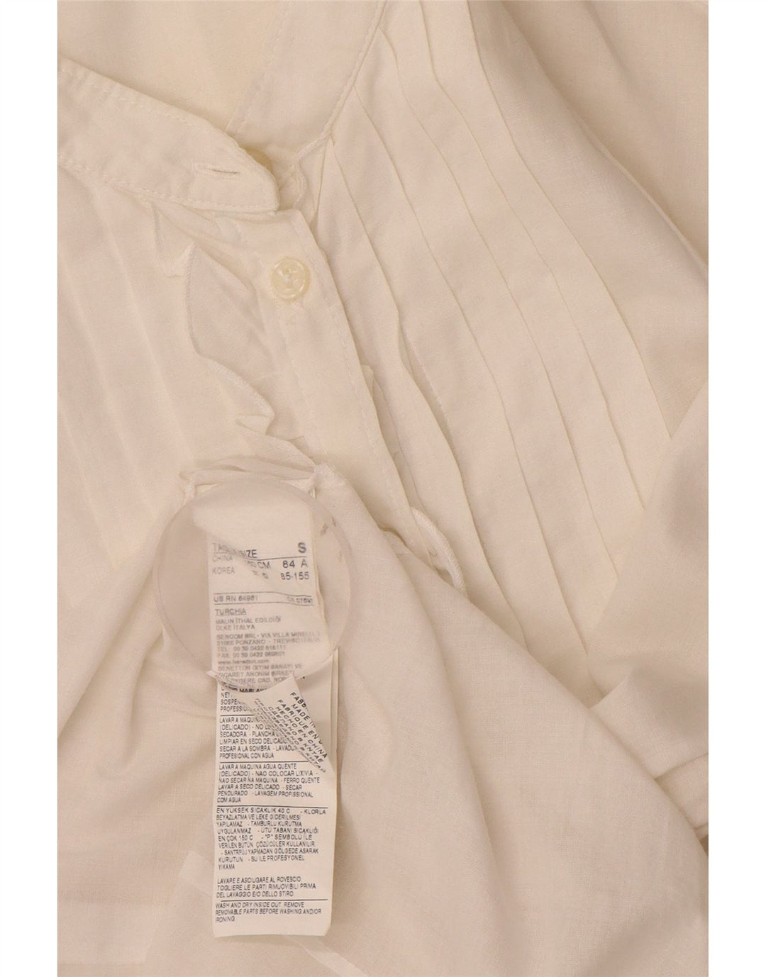 Benetton Womens Ruffle Front Formal Shirt UK 10 Small White Cotton