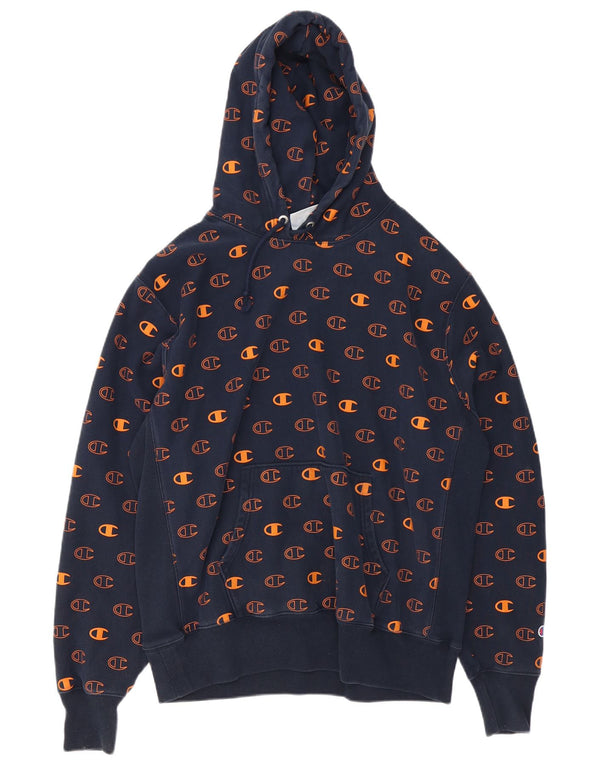 Champion Mens Reverse Weave Graphic Hoodie Jumper XL Navy Blue Cotton