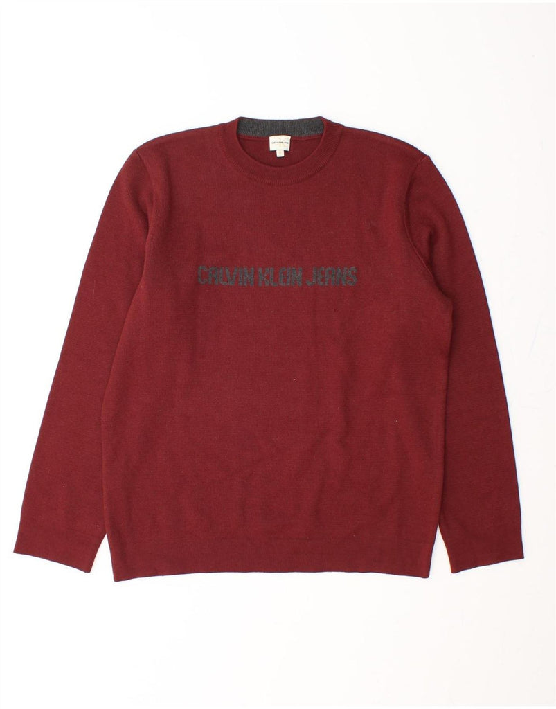 CALVIN KLEIN JEANS Mens Graphic Crew Neck Jumper Sweater Medium Burgundy Vintage Calvin Klein Jeans and Second-Hand Calvin Klein Jeans from Messina Hembry 