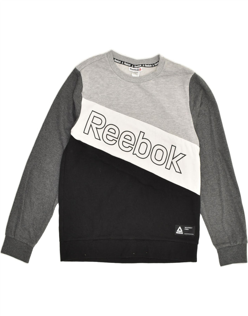 REEBOK Boys Graphic Sweatshirt Jumper 15-16 Years 2XL Black Colourblock | Vintage Reebok | Thrift | Second-Hand Reebok | Used Clothing | Messina Hembry 