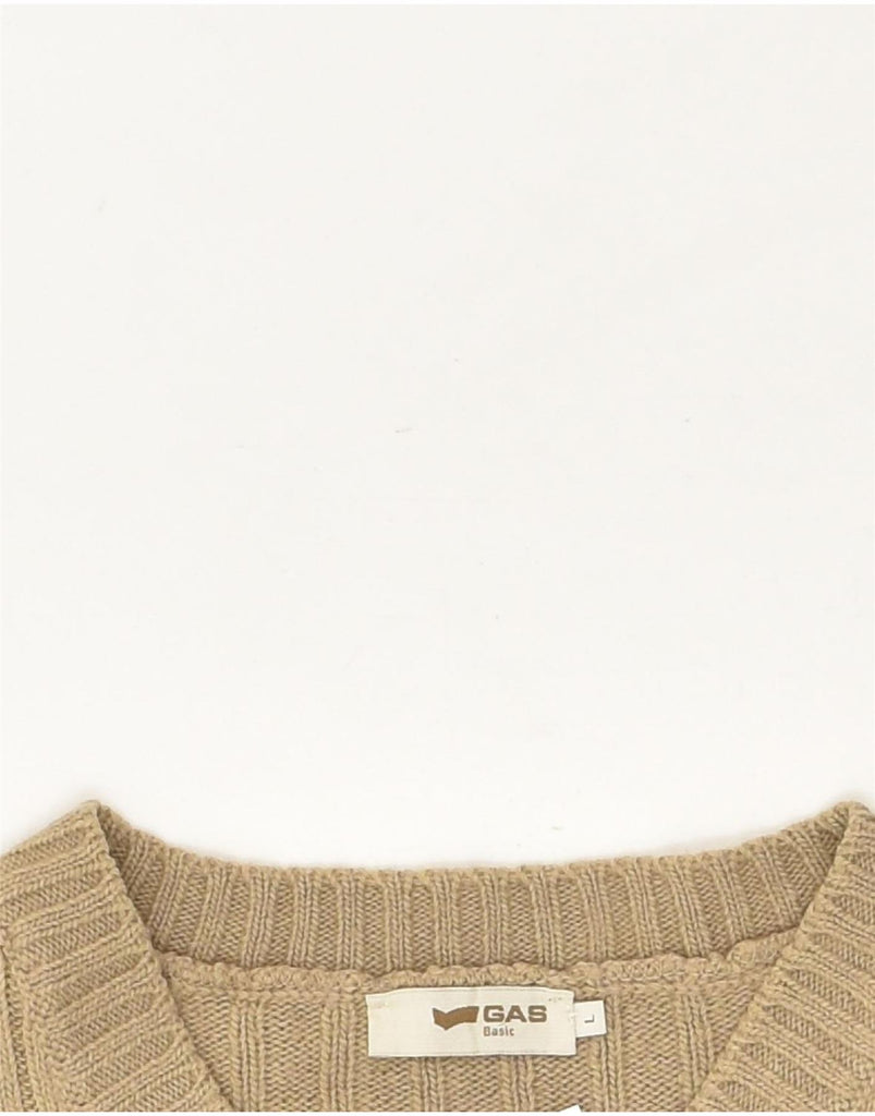 GAS Mens V-Neck Jumper Sweater Large Khaki Wool | Vintage Gas | Thrift | Second-Hand Gas | Used Clothing | Messina Hembry 