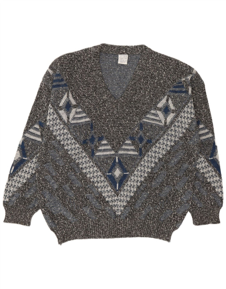 VINTAGE Mens V-Neck Jumper Sweater UK 46/48 2XL Multicoloured Geometric