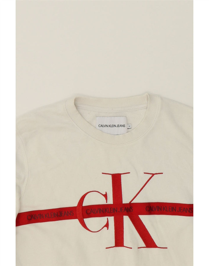 CALVIN KLEIN JEANS Womens Graphic Sweatshirt Jumper UK 14 Medium White Vintage Calvin Klein Jeans and Second-Hand Calvin Klein Jeans from Messina Hembry 