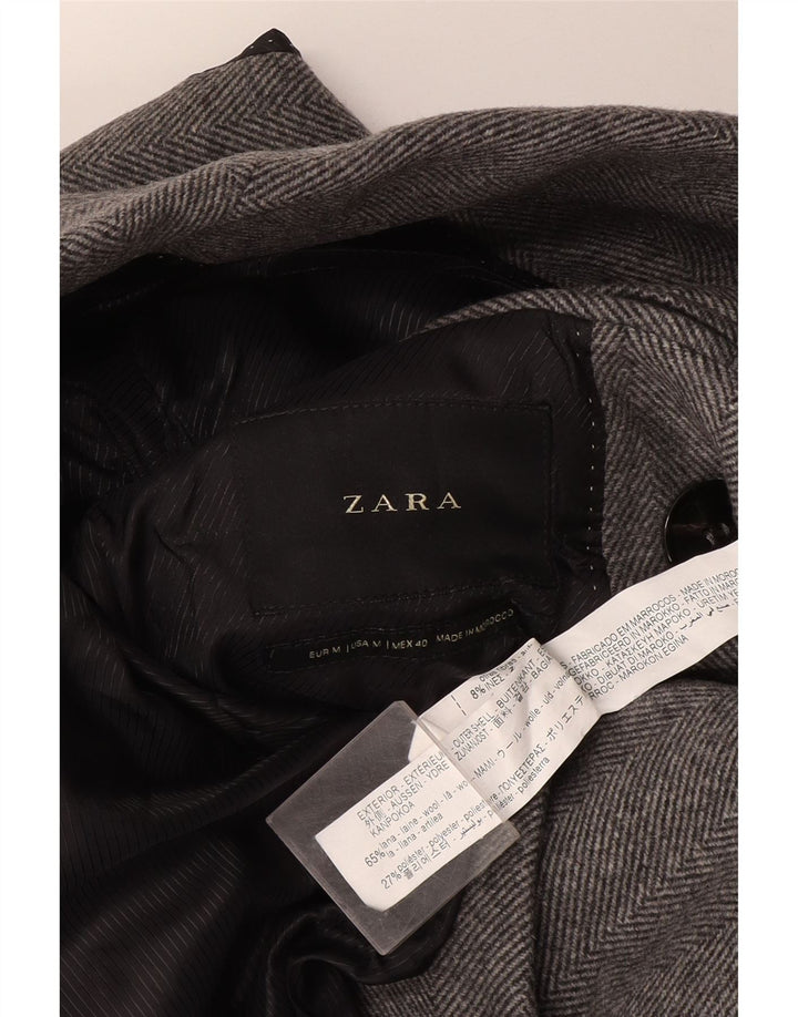 Zara Mens Double Breasted Coat UK 38 Medium Grey Herringbone Wool