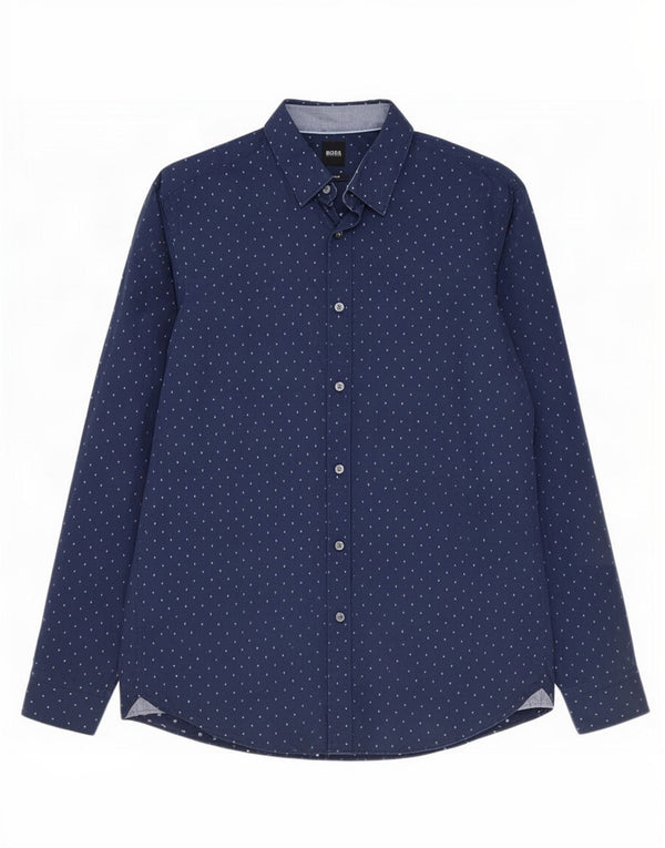 Hugo Boss Mens Regular Fit Shirt Large Navy Blue Spotted Cotton