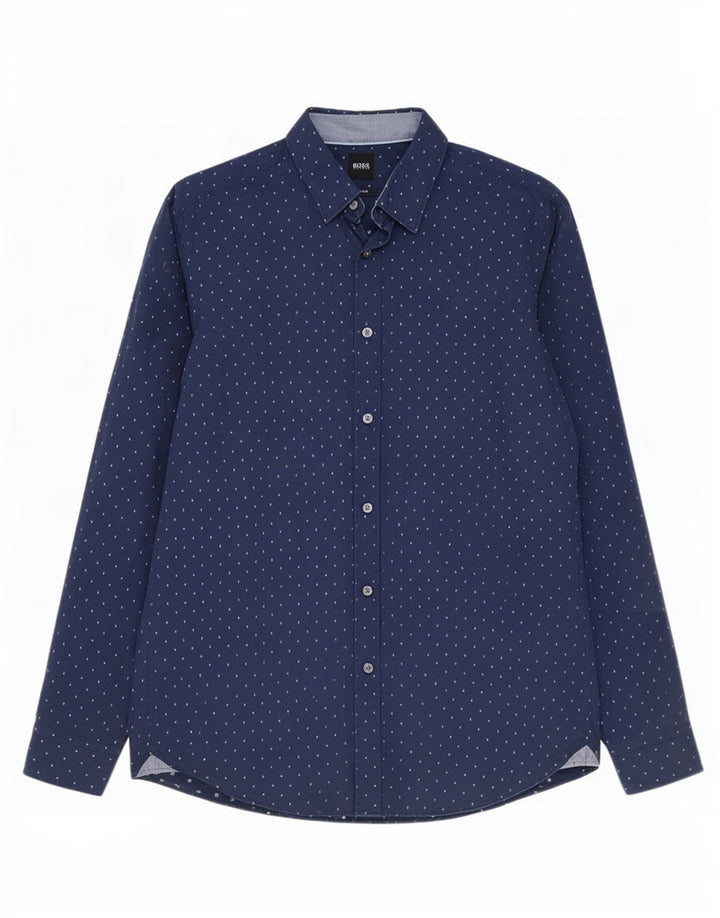 Hugo Boss Mens Regular Fit Shirt Large Navy Blue Spotted Cotton