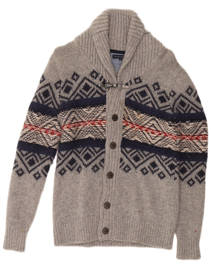 TOMMY HILFIGER Boys Cardigan Sweater 15-16 Years Grey Fair Isle