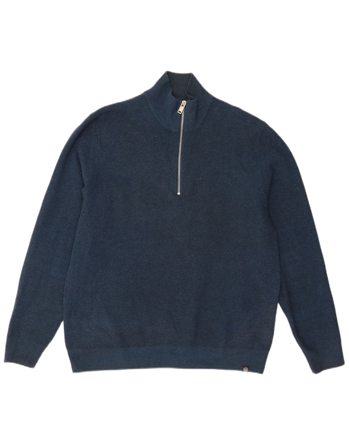 Marks & Spencer Mens Zip Neck Jumper Sweater Large Navy Blue Cotton