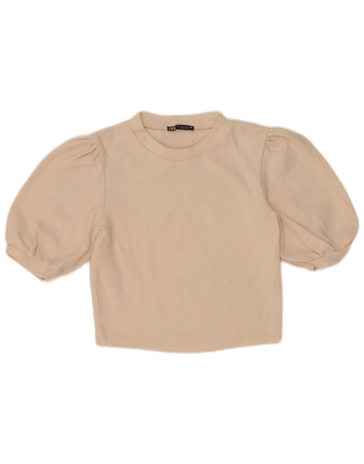 Zara Womens Crop Blouse Top UK 10 Small Beige Cotton