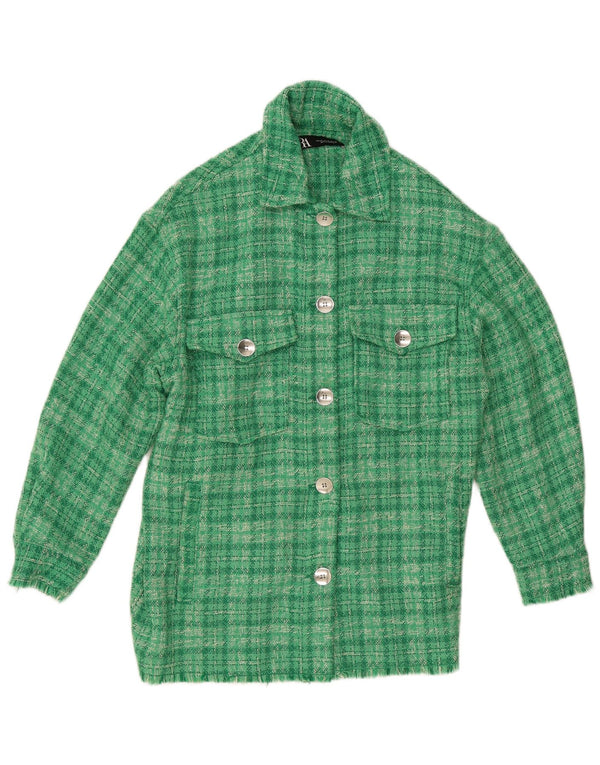 Zara Womens Oversized Bomber Jacket UK 6 XS Green Check Polyester