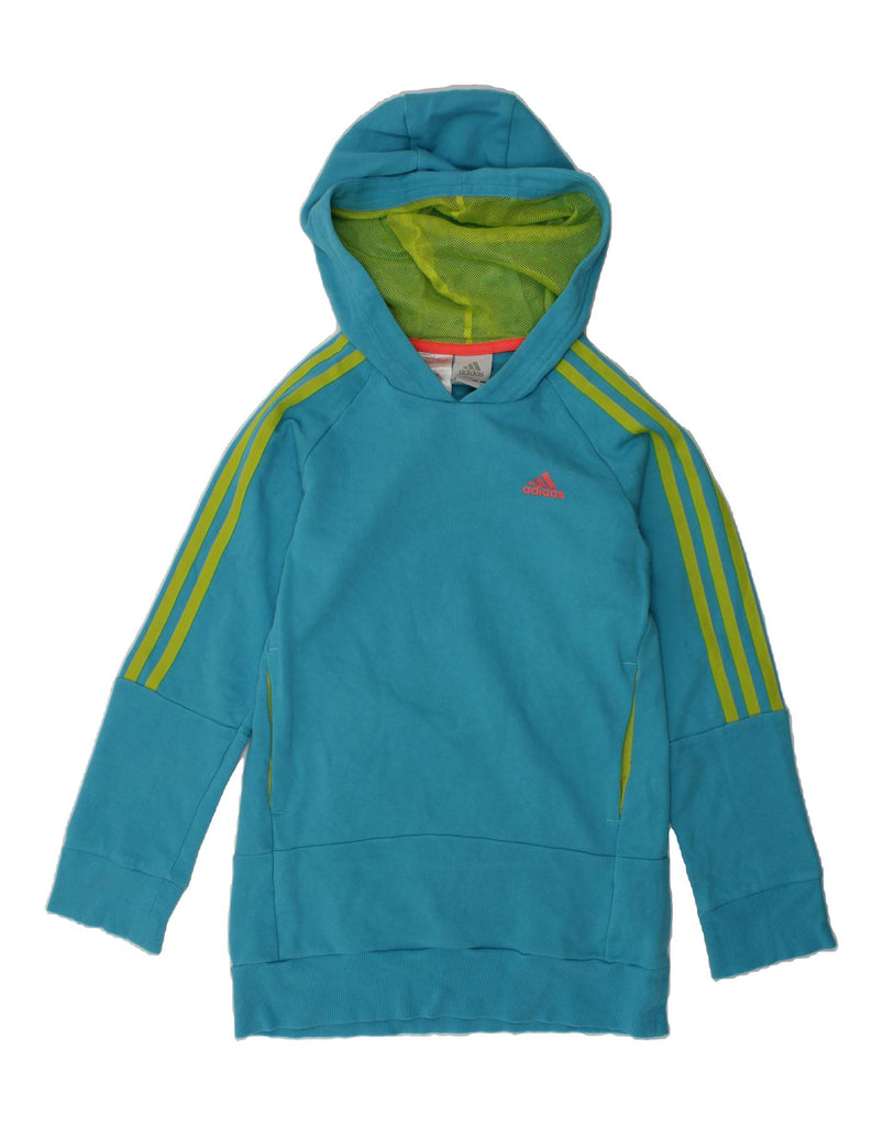 ADIDAS Girls Hoodie Jumper 9-10 Years Blue Colourblock Cotton | Vintage Adidas | Thrift | Second-Hand Adidas | Used Clothing | Messina Hembry 