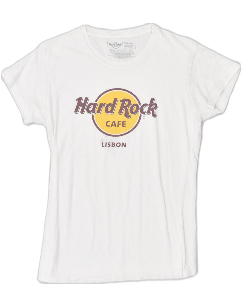 HARD ROCK Womens Lisbon Graphic T-Shirt Top UK 12 Medium White Cotton | Vintage Hard Rock | Thrift | Second-Hand Hard Rock | Used Clothing | Messina Hembry 