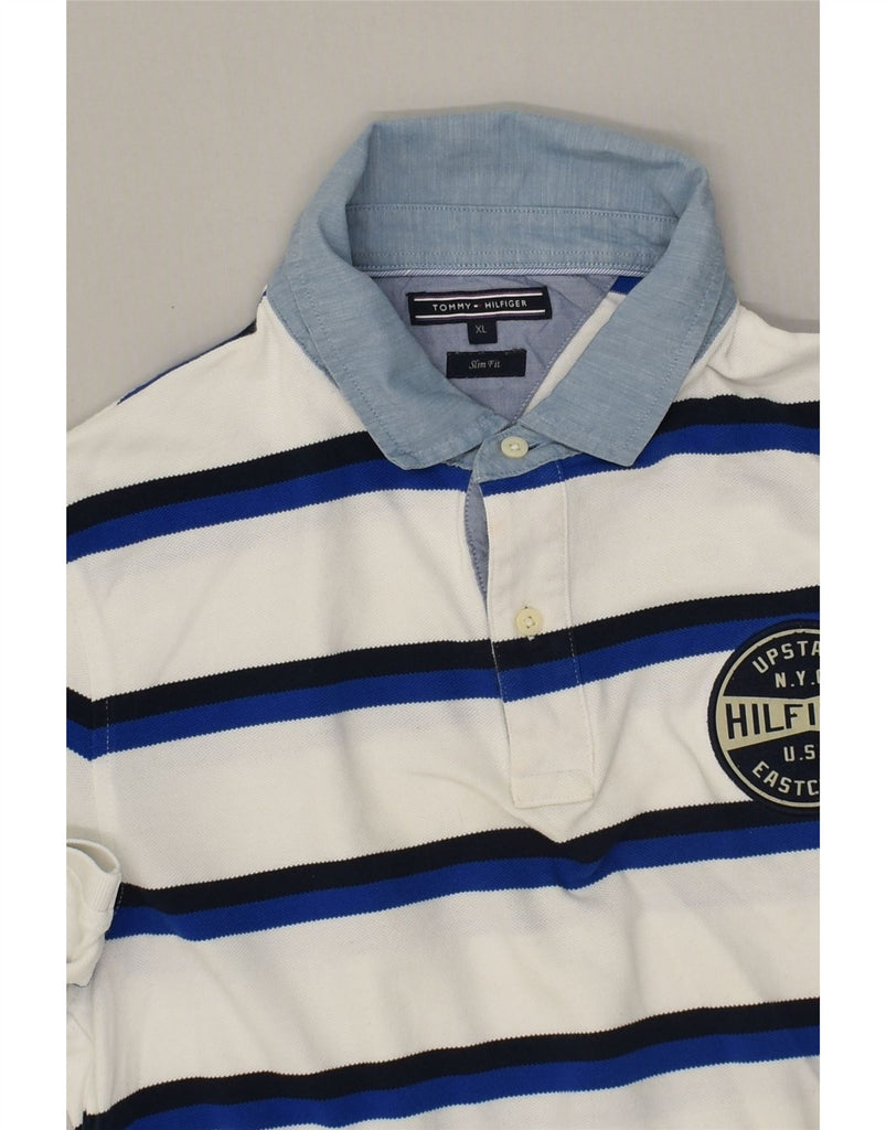 TOMMY HILFIGER Mens Slim Fit Polo Shirt XL White Striped | Vintage Tommy Hilfiger | Thrift | Second-Hand Tommy Hilfiger | Used Clothing | Messina Hembry 