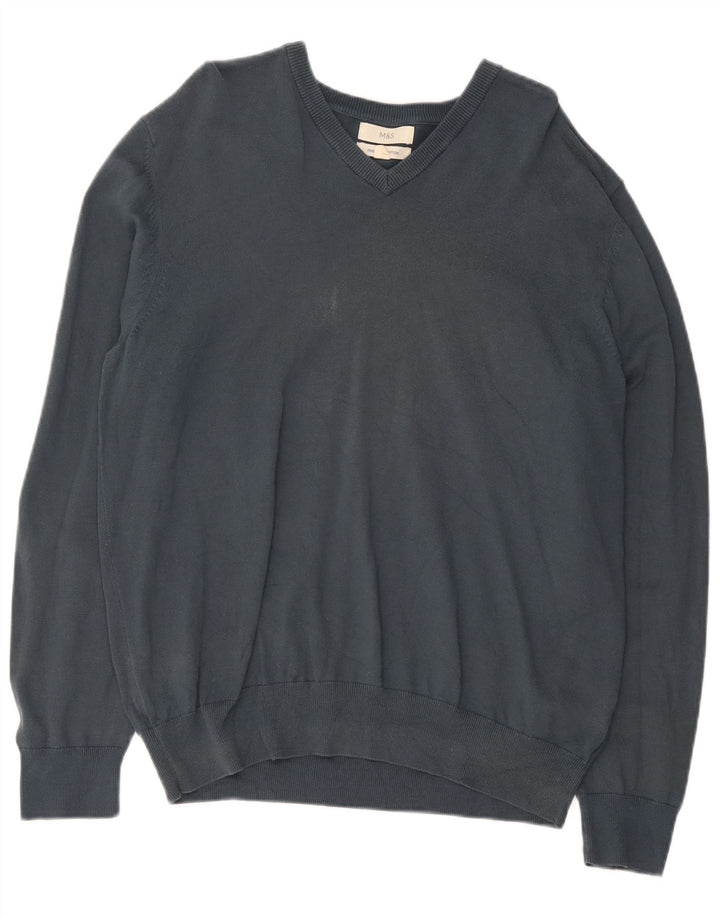 Marks & Spencer Mens V-Neck Jumper Sweater XL Grey Cotton