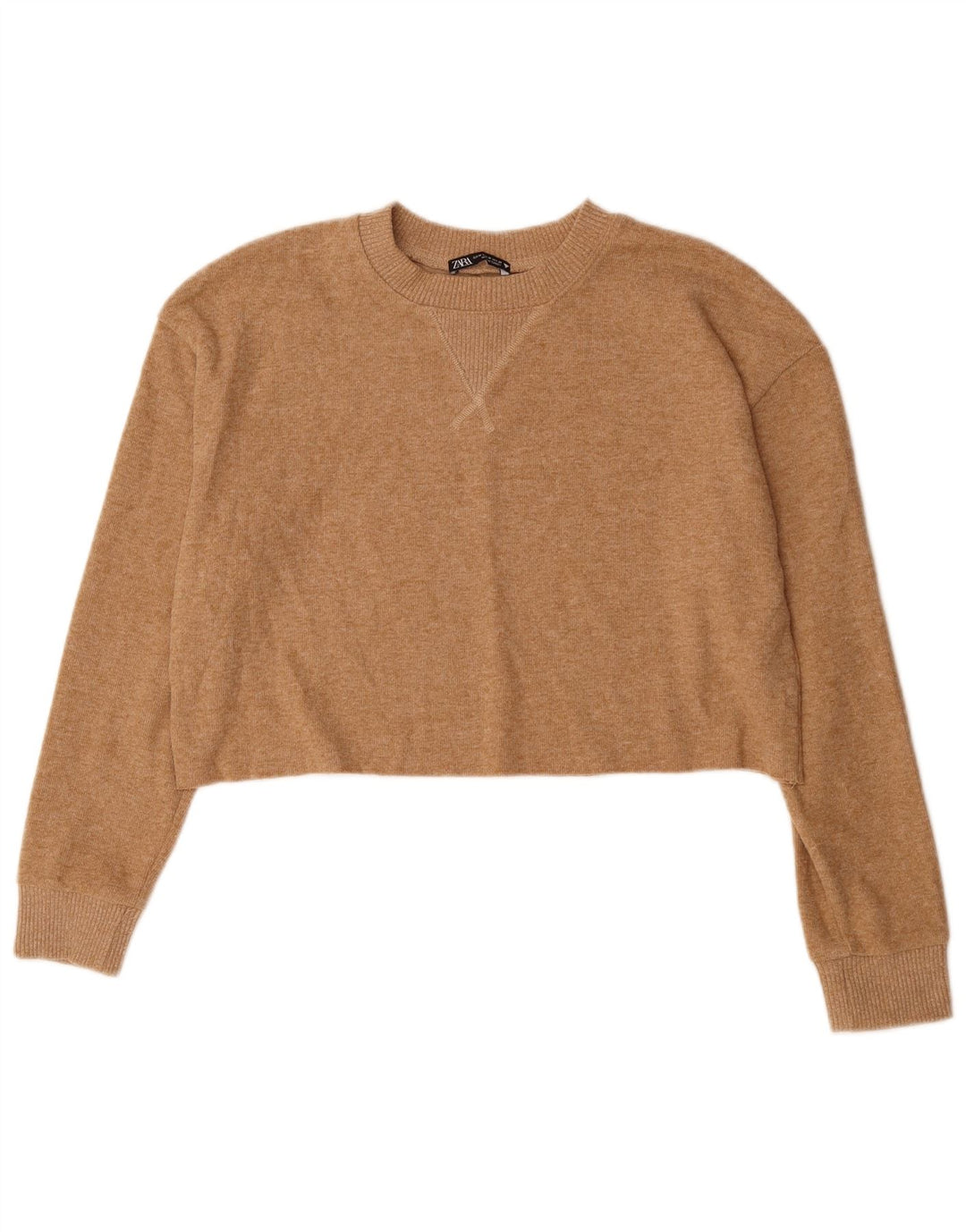 ZARA Womens Crop Crew Neck Jumper Sweater UK 14 Medium Beige Polyester