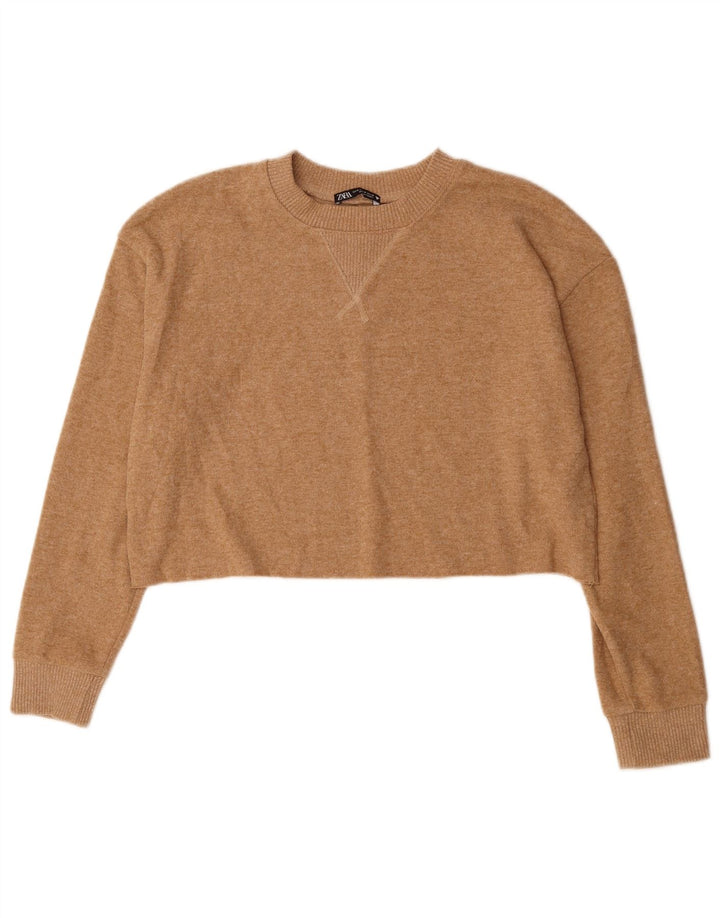ZARA Womens Crop Crew Neck Jumper Sweater UK 14 Medium Beige Polyester