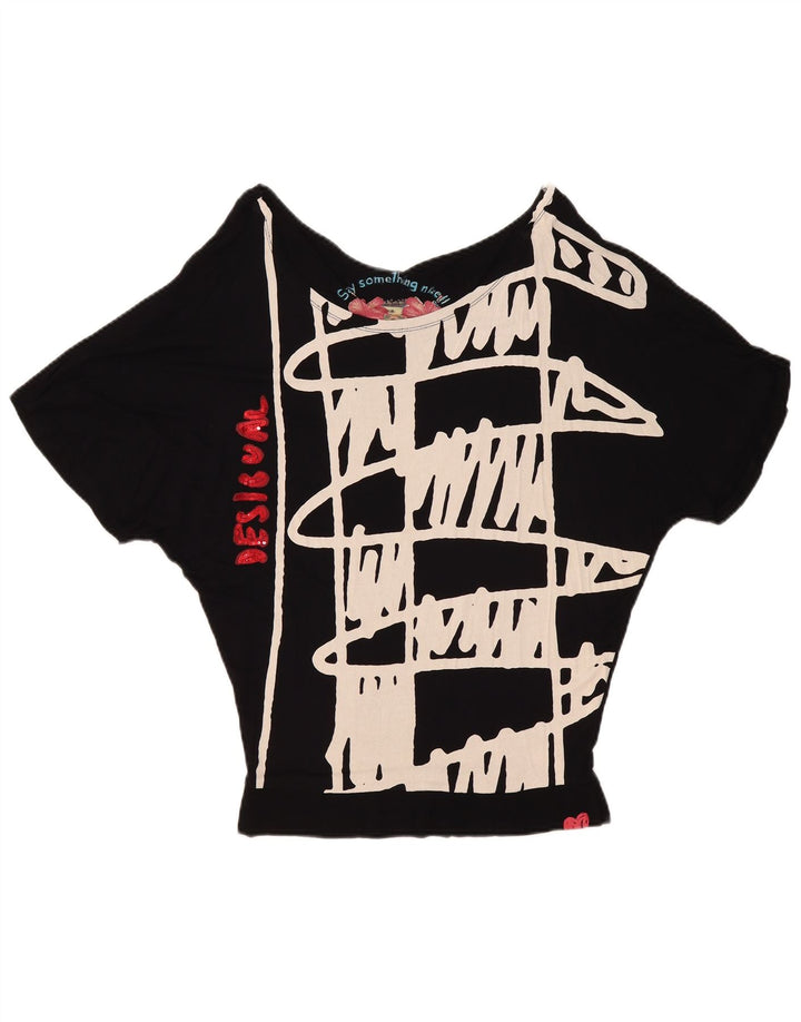 Desigual Womens Graphic Batwing Blouse Top UK 10 Small Black Geometric