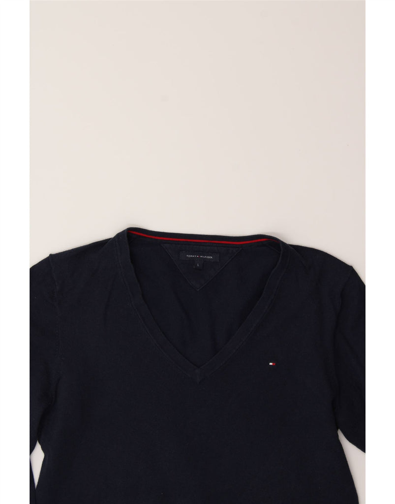 TOMMY HILFIGER Womens V-Neck Jumper Sweater UK 16 Large Navy Blue Cotton Vintage Tommy Hilfiger and Second-Hand Tommy Hilfiger from Messina Hembry 