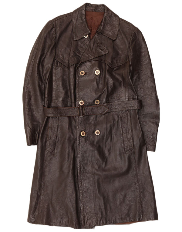 Vintage Mens Double Breasted Leather Coat UK 36 Small Brown
