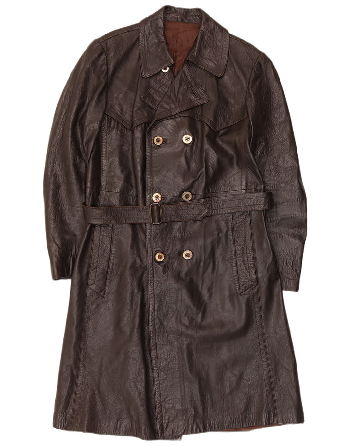 Vintage Mens Double Breasted Leather Coat UK 36 Small Brown